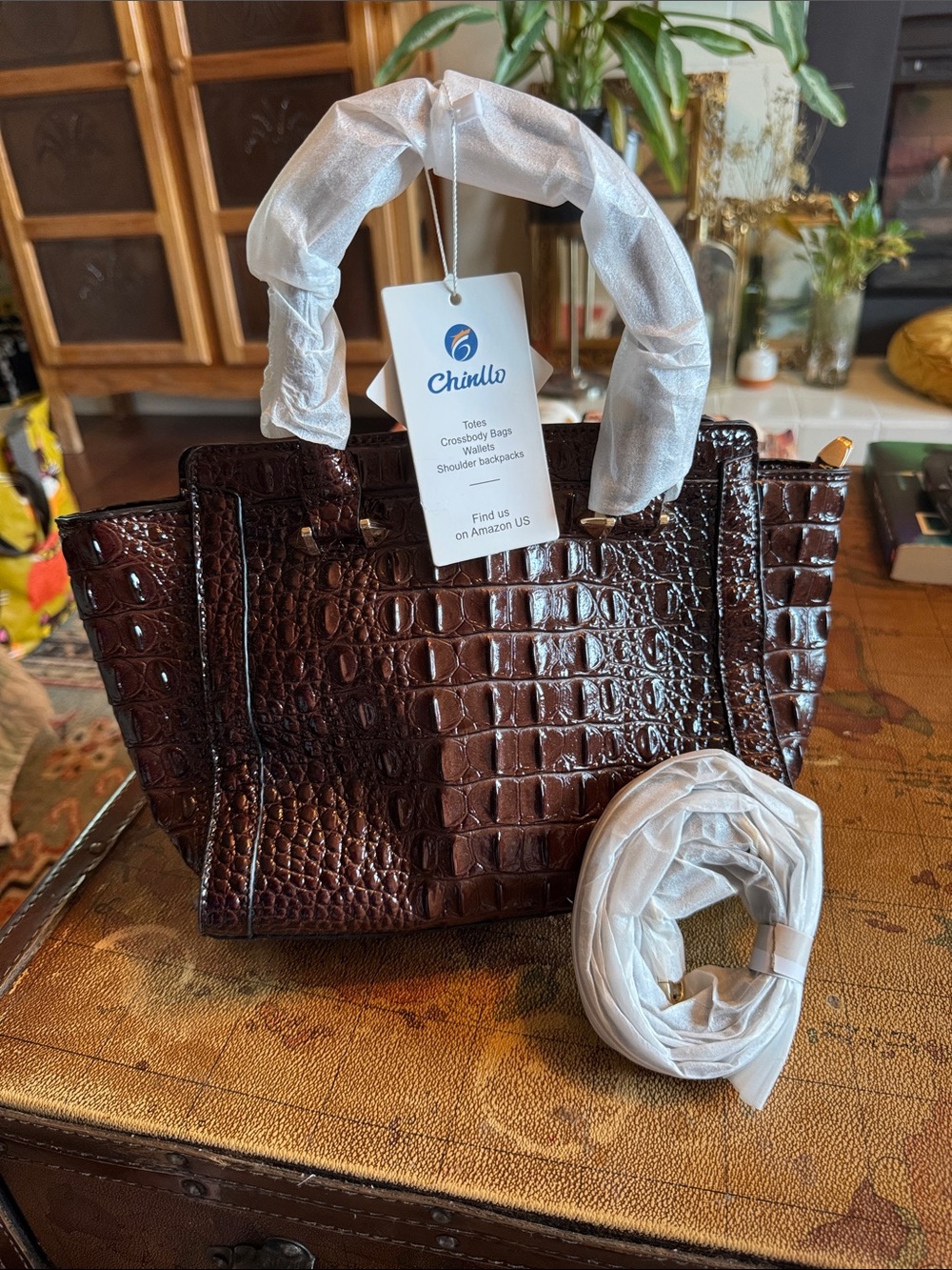 Croc-Embossed Patent Tote in Deep Brown